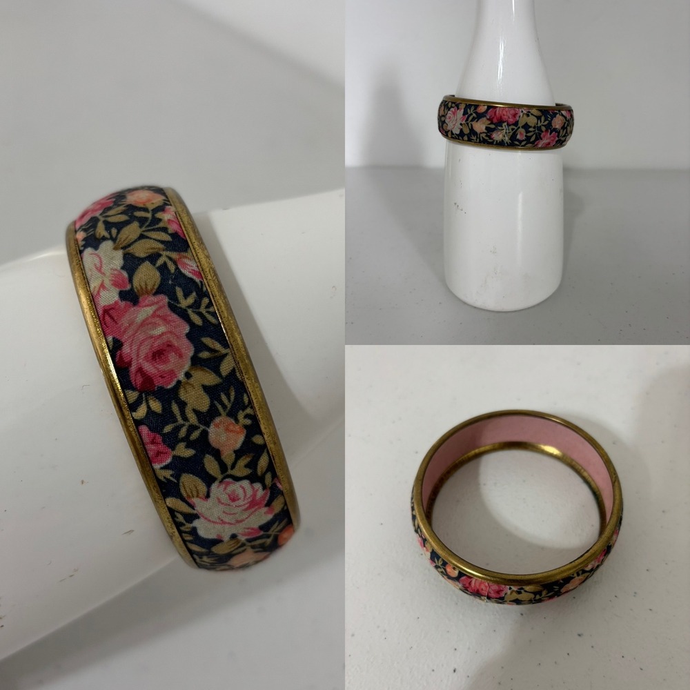 Vtg Bangle Bracelet Cottagecore Festival Grandma Boho Floral Pink Gold  Women 8"